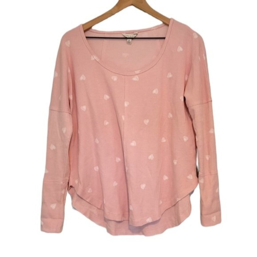 Lucky Brand Pink Heart Print Thermal Long Sleeve Shirt Size Small